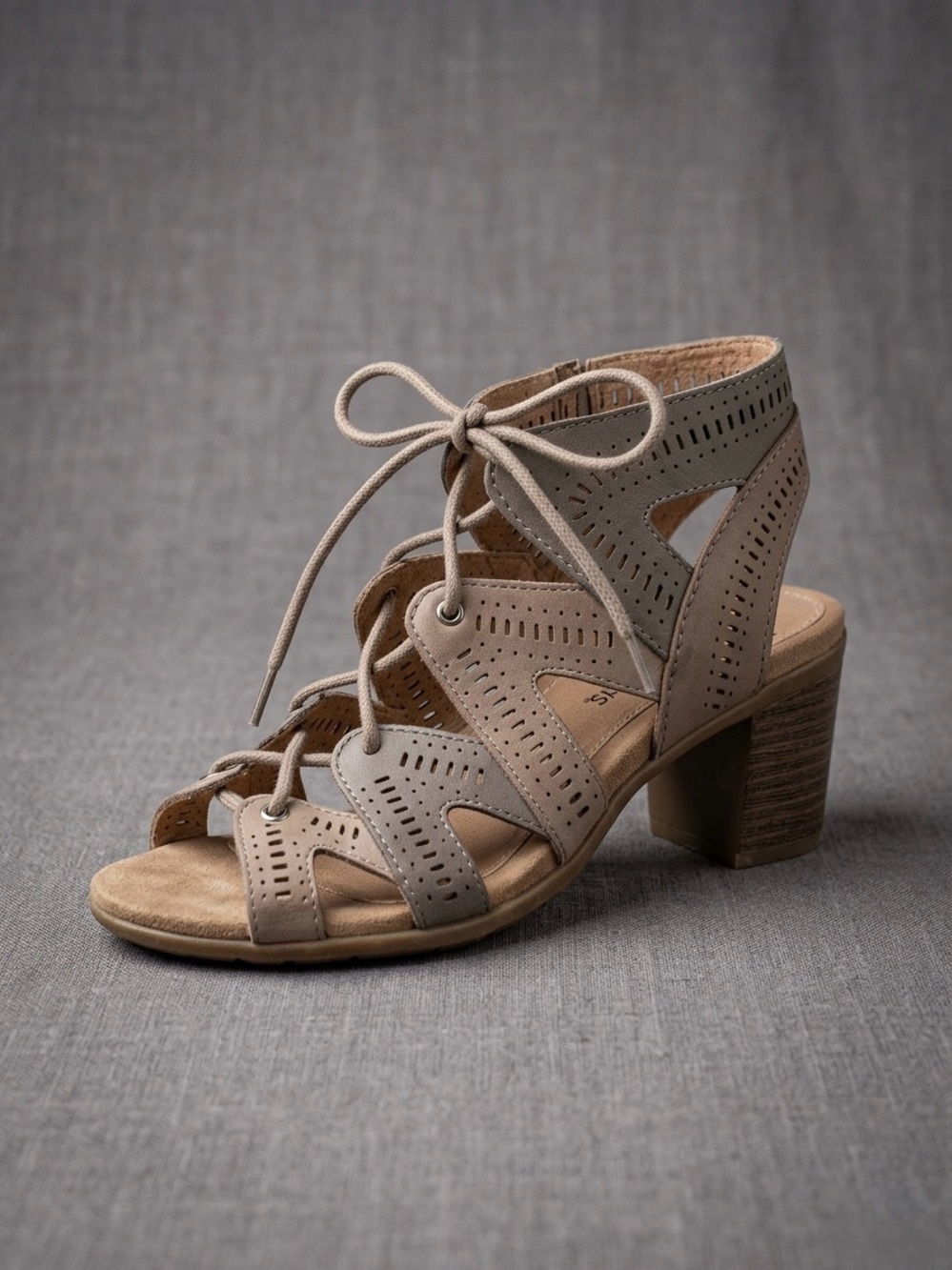 Steph Mali Earth Origins Taupe Lace-Up Perforated Block Heel Sandal